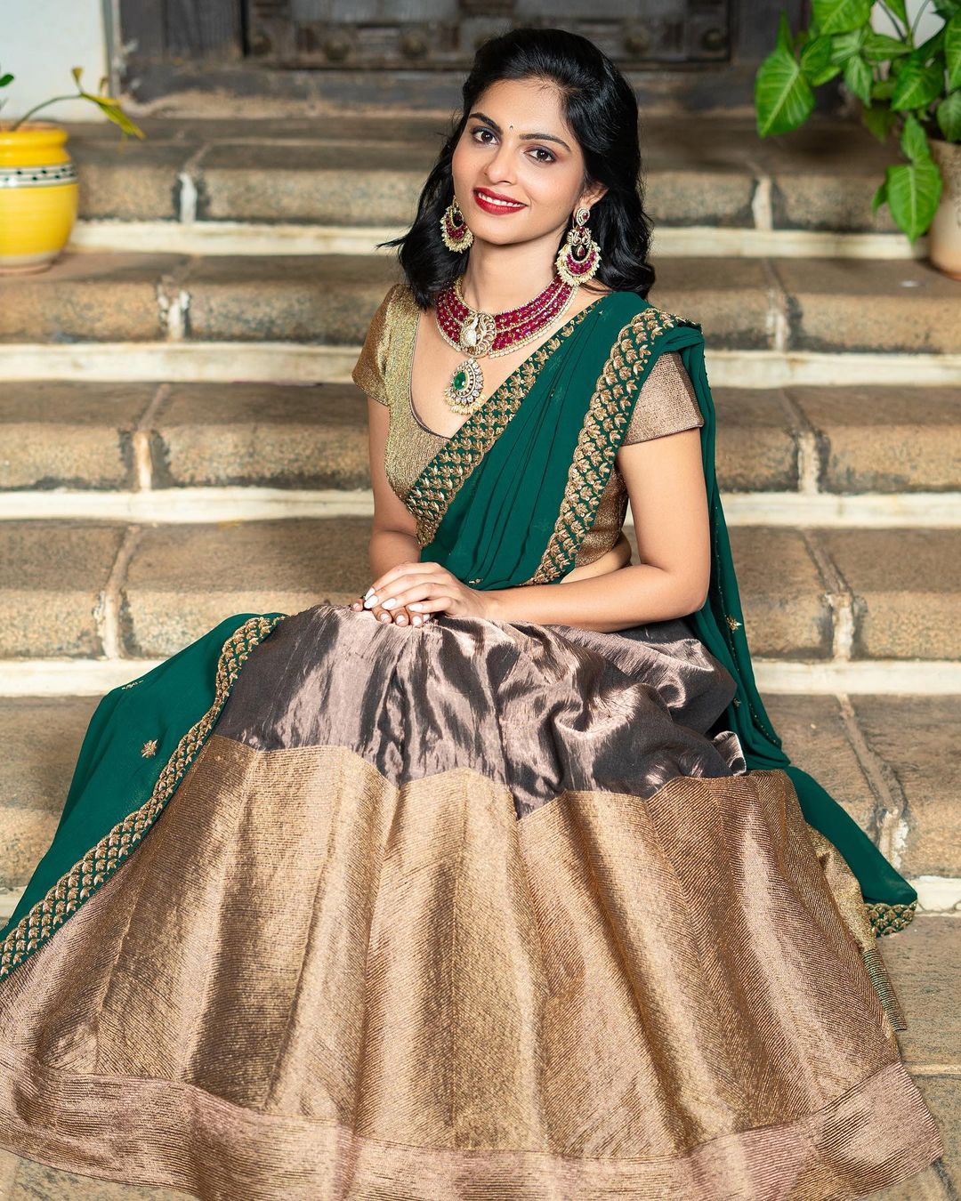 Tollywood Actress Mounika Reddy Stills in Green Lehenga Choli